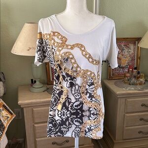 Cache Gold Chain Print Short Sleeve Top cold shoulders